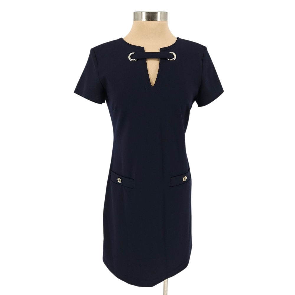 Tommy Hilfiger Sheath Dress Navy Blue Short Sleeve Keyhole Neck Zip 4